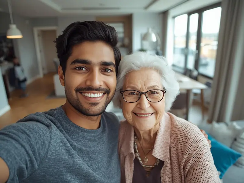 Jeune étudiant et dame âgée prenant un selfie ensemble dans un appartement lumineux, illustrant la colocation intergénérationnelle et la convivialité du logement partagé.