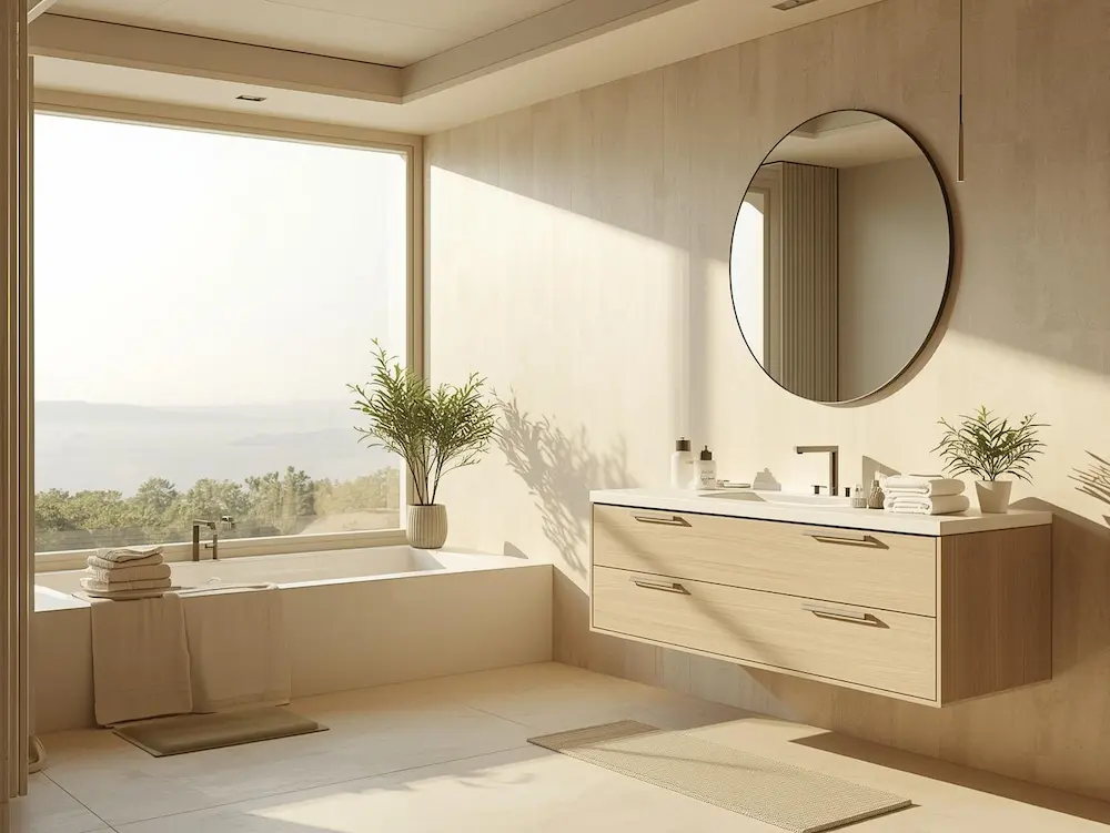 Idée déco salle de bain avec meuble en bois, miroir rond et ambiance naturelle apaisante