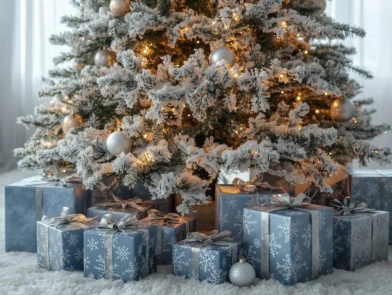 Sapin de Noël naturel recouvert de neige artificielle avec décor bleu argenté