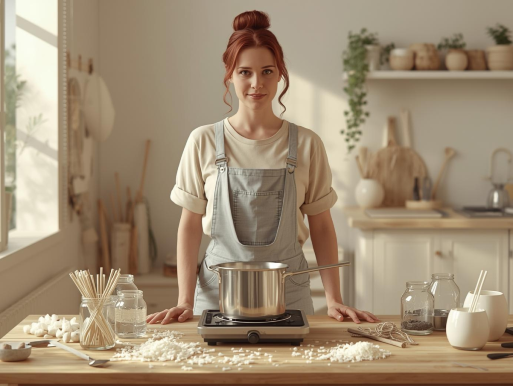 fabrication d’une bougie naturelle en cire de soja dans un atelier DIY