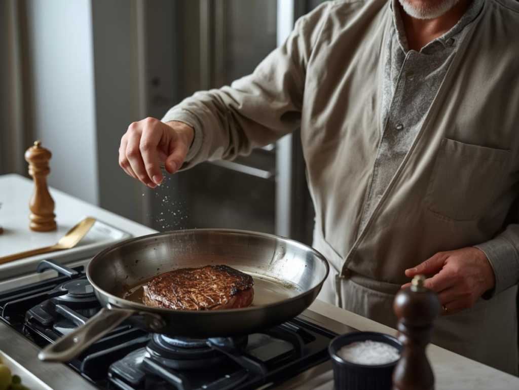 cuisson du steak à la poêle par un chef, geste d’assaisonnement pendant la cuisson