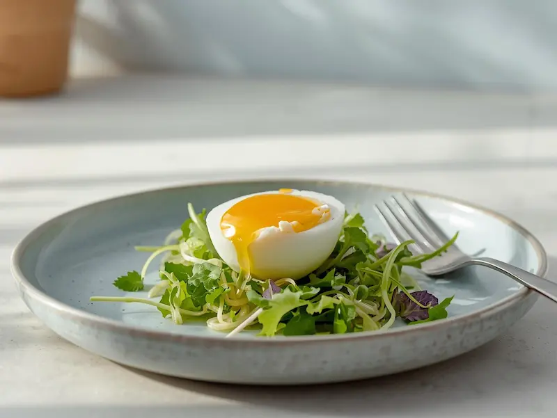 Cuisson œufs mollet avec blanc bien pris et jaune coulant sur une assiette
