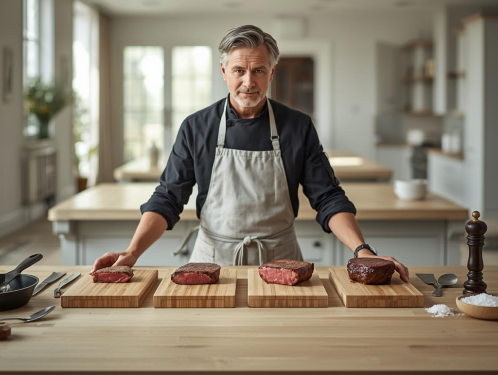 cuisson steak à la poêle par un chef, comparaison des niveaux de cuisson