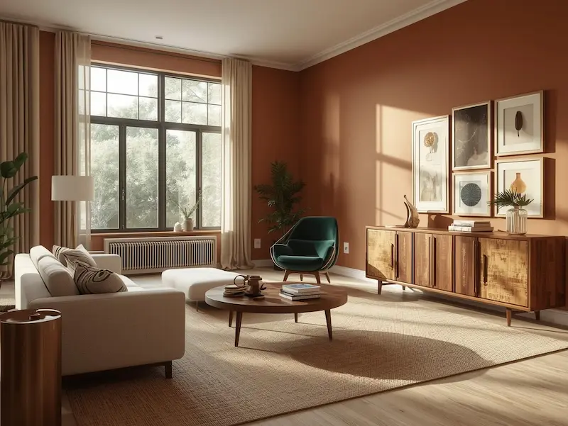 Salon déco vintage moderne avec canapé clair, bois patiné, couleurs chaleureuses et ambiance lumineuse douce.