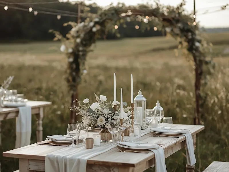 Décoration mariage champêtre en extérieur avec arche fleurie, bougies et matières naturelles
