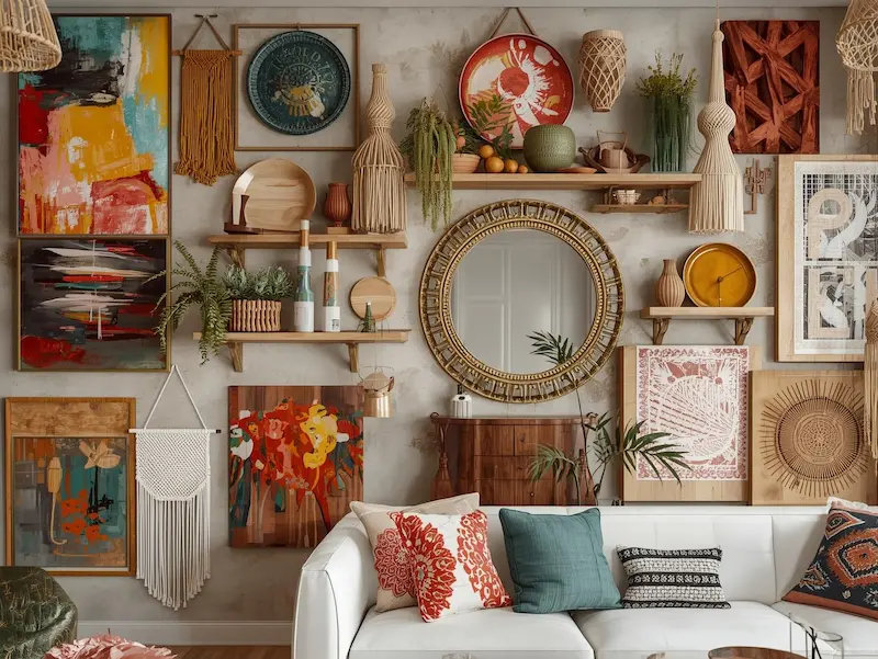 decoration murale avec cadres et objets déco dans un salon chaleureux