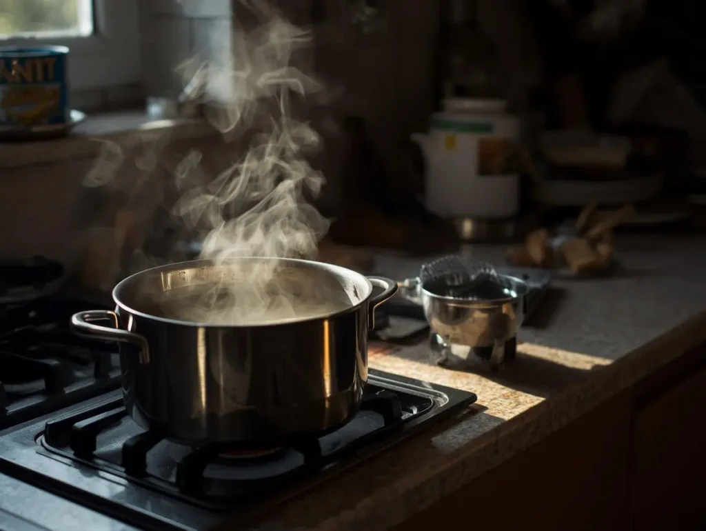Fond de veau maison en cuisson longue dans une marmite, texture riche et réduction maîtrisée