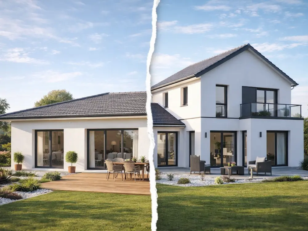 Maison plain pied et maison à étage modernes, comparaison visuelle des deux types de maisons pour illustrer les différences de confort et de mode de vie.