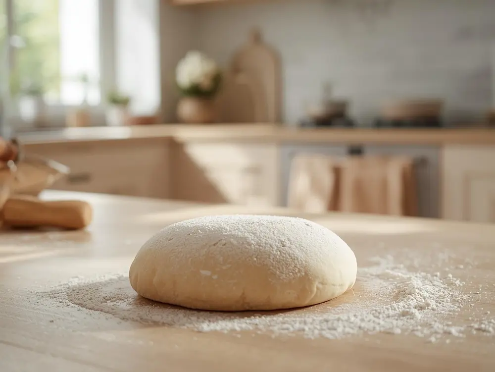 Pâte brisée maison reposée sur un plan de travail, texture souple et homogène avant étalage