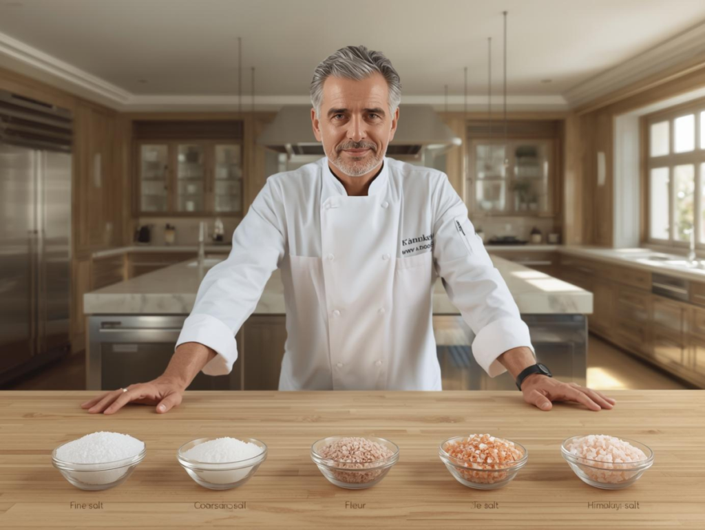 Présentation de différents types de sel en cuisine sur un plan de travail avec un chef