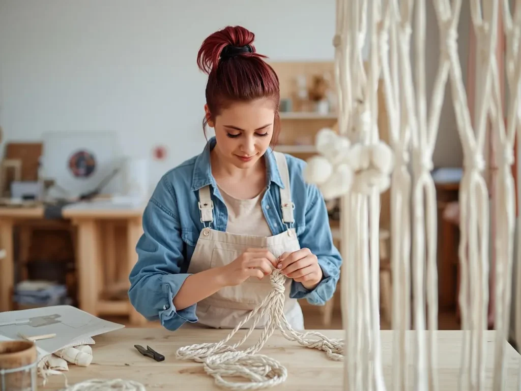 Fabrication d’un rideau en macramé fait main dans un atelier DIY lumineux
