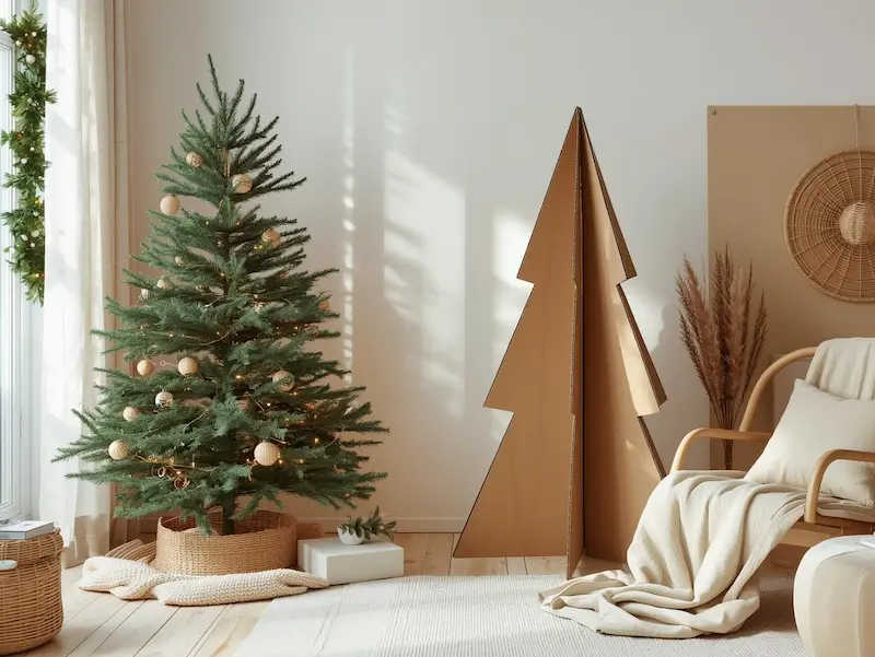 Sapin de Noël en carton DIY dans une déco naturelle moderne, sapin écologique fait maison