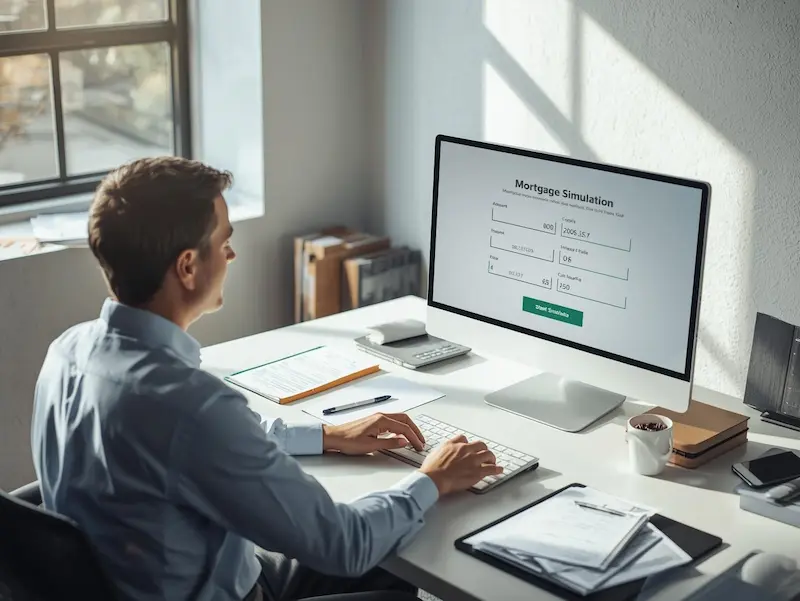 simulateur pret immobilier sur ordinateur avec documents bancaires