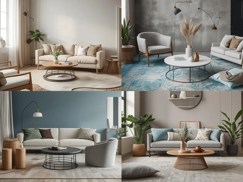 Table basse ronde dans un salon contemporain harmonieux, intégrée à une décoration élégante et lumineuse