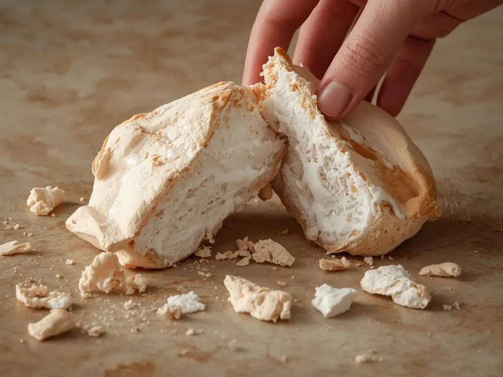 Grosse meringue française de boulangerie cassée en deux montrant une texture croustillante et un cœur légèrement tendre
