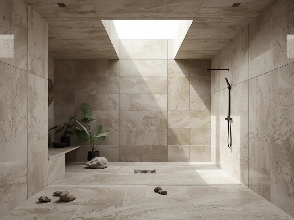 Douche italienne lumineuse avec carrelage imitation pierre et évacuation centrale