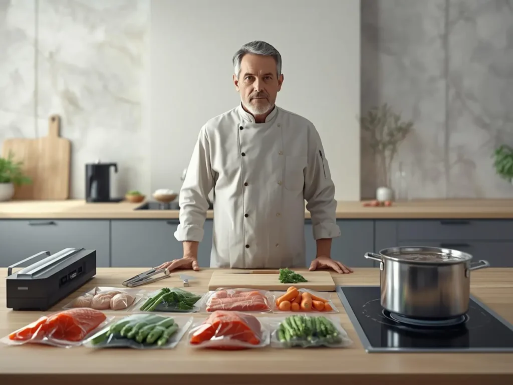 Cuisson sous vide basse température avec sachets sous vide et aliments variés dans une cuisine professionnelle