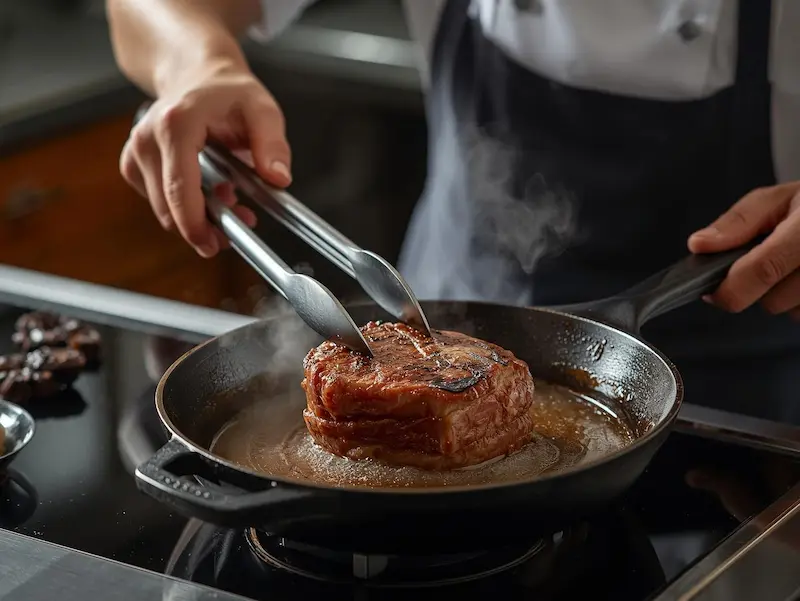 Cuisson du filet de bœuf : prise de température à cœur avec un thermomètre de cuisine