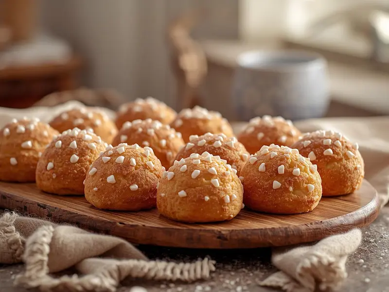 Chouquettes françaises dorées avec sucre perlé, illustrant la recette pâte à choux Cyril Lignac