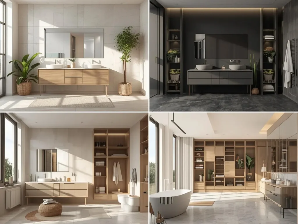 Meuble salle de bain moderne avec rangements muraux et baignoire dans une salle de bain spacieuse