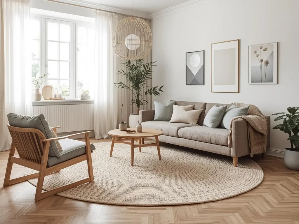 Salon scandinave lumineux avec matières naturelles, couleurs douces et mobilier en bois clair