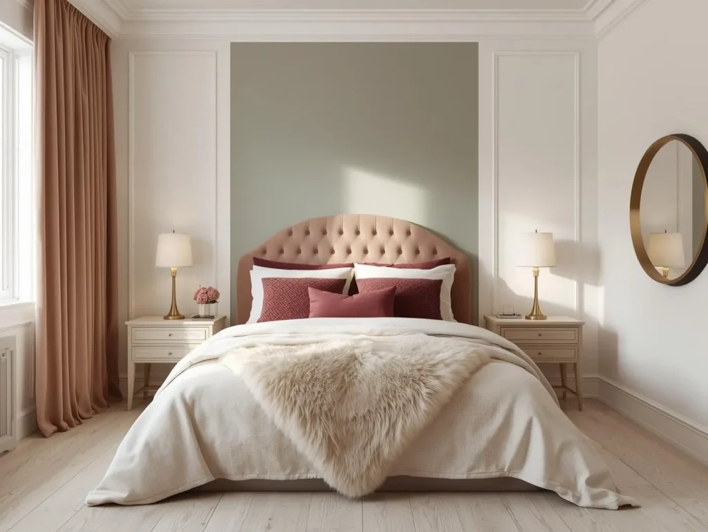 Chambre romantique chic avec lit élégant, linge de lit clair, éclairage doux et ambiance chaleureuse