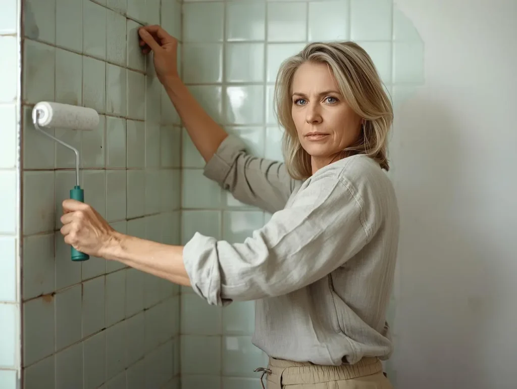 repeindre le carrelage d’une salle de bain, différence visible entre carrelage ancien et carrelage peint en blanc