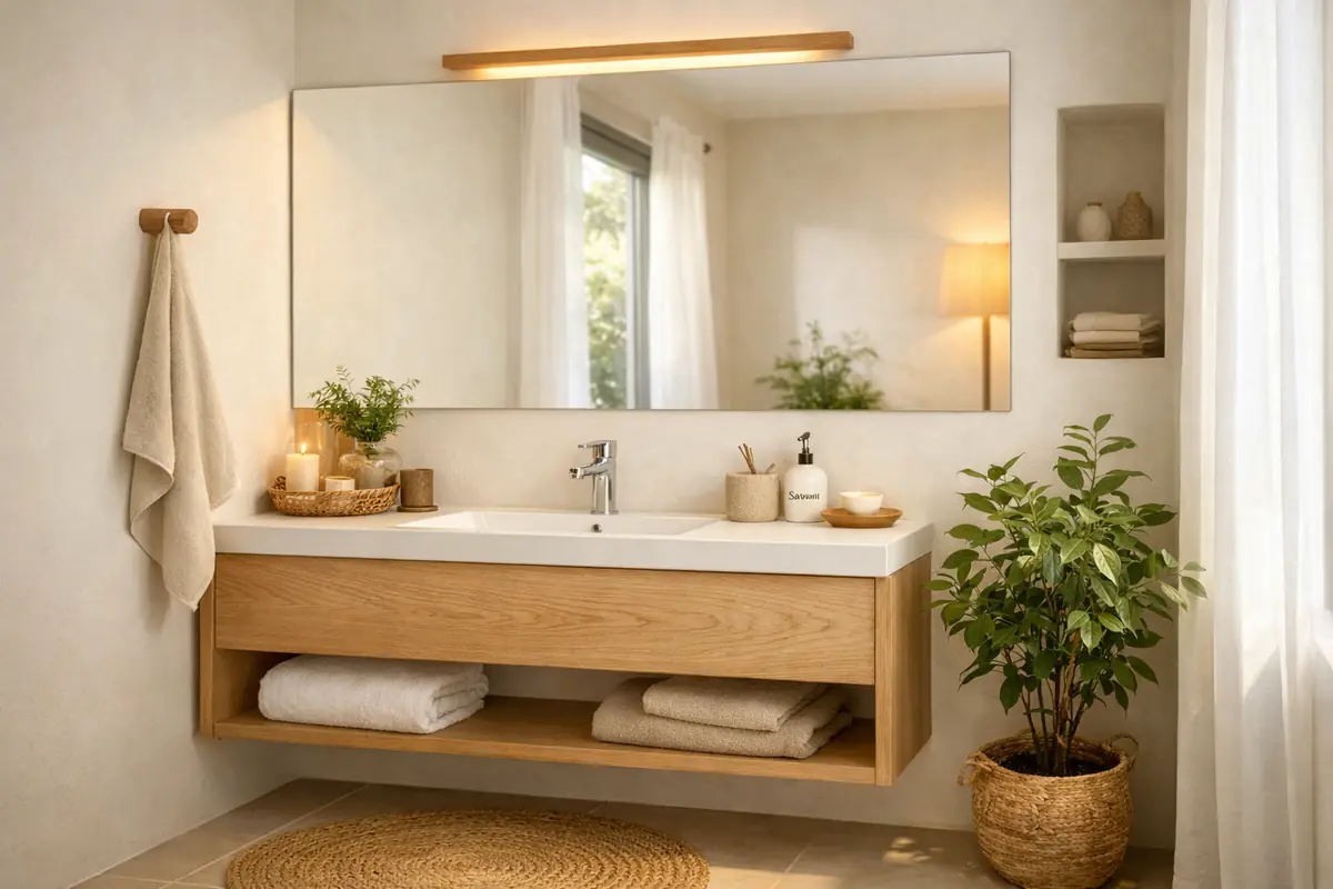 Aménagement astucieux d'une petite salle de bain, ambiance zen et lumineuse.