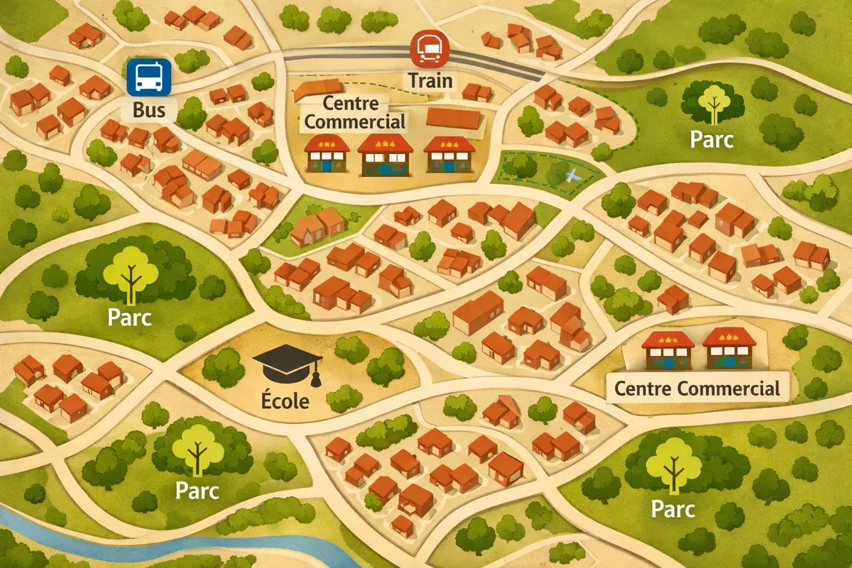 Carte interactive montrant les commodités (transports, commerces, écoles, espaces verts) des quartiers pour la location de maisons.