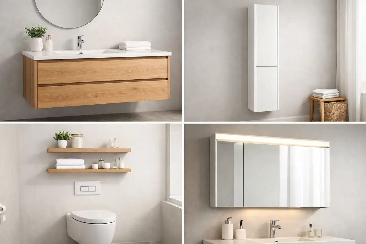 Collection de photos de meubles suspendus pour salle de bain, incluant des meubles sous vasque, des colonnes de rangement murales et des étagères, optimisant l'espace au sol.