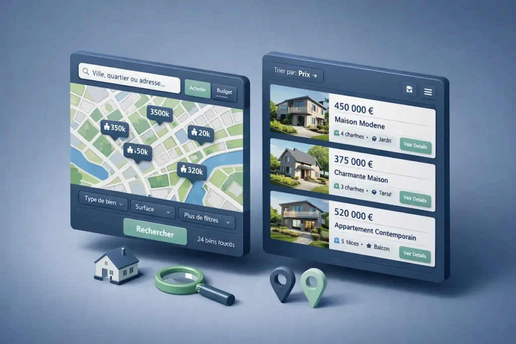 Interface graphique comparant les fonctionnalités, le nombre d'annonces et les prix des plateformes Le Bon Coin et PAP.