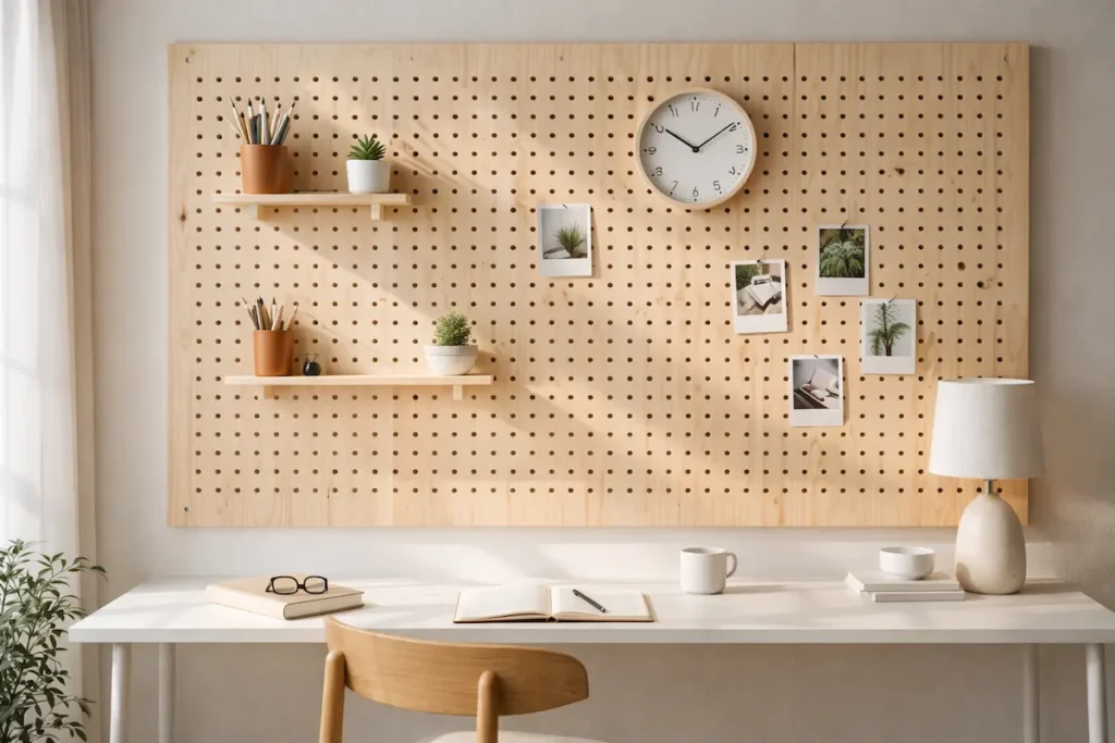 Coin bureau minimaliste équipé d'étagères en pin naturel et d'un panneau perforé mural en bois