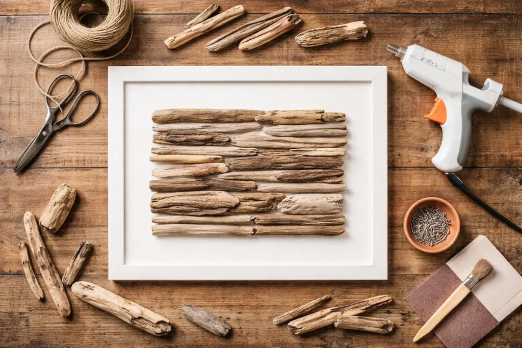 Entrée accueillante décorée avec une étagère murale en bois flotté, un miroir rond et des plantes vertes