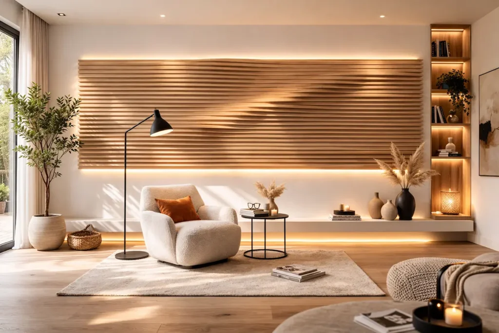 Intérieur moderne avec une frise murale décorative composée de lames de bois clair horizontales