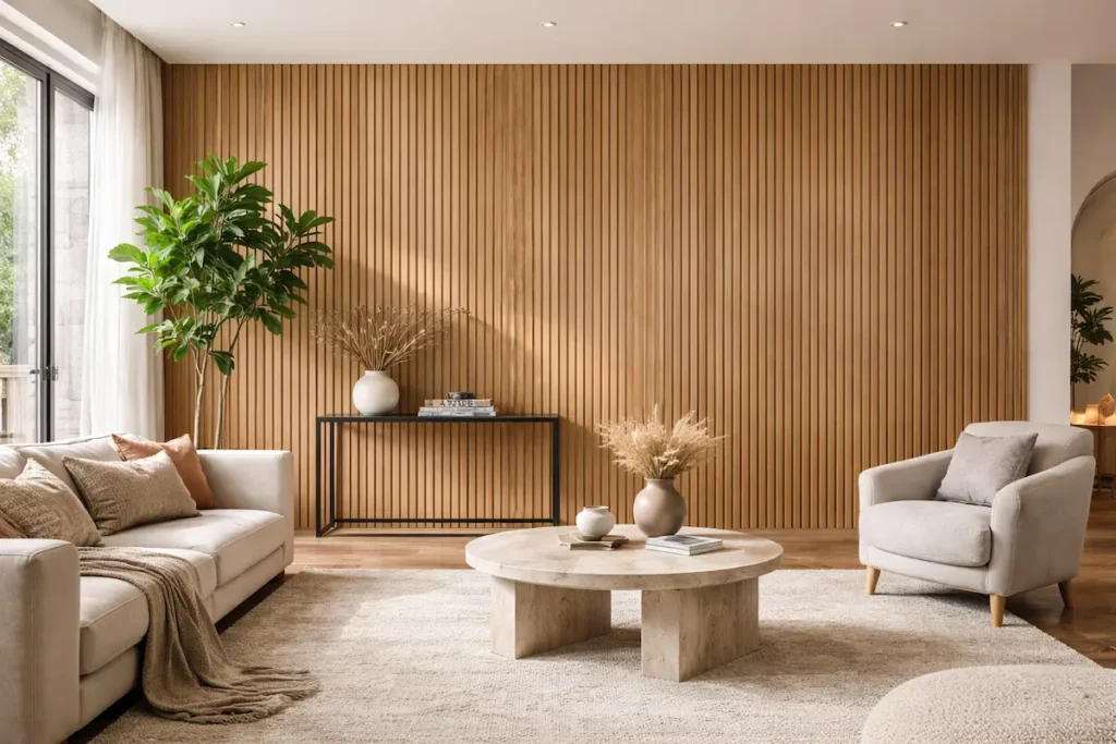 Magnifique déco murale en bois avec panneaux acoustiques en chêne dans un salon moderne et chaleureux