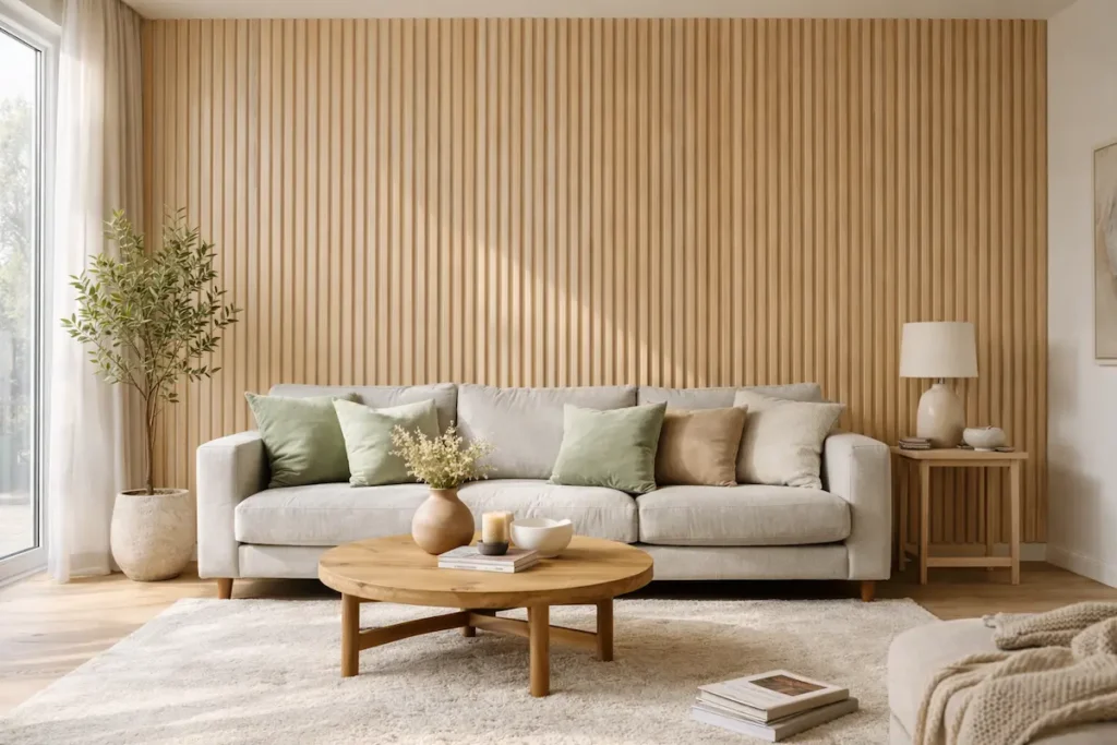 Salon au style scandinave chaleureux, mur principal habillé de fines lames de bois clair, canapé en lin gris