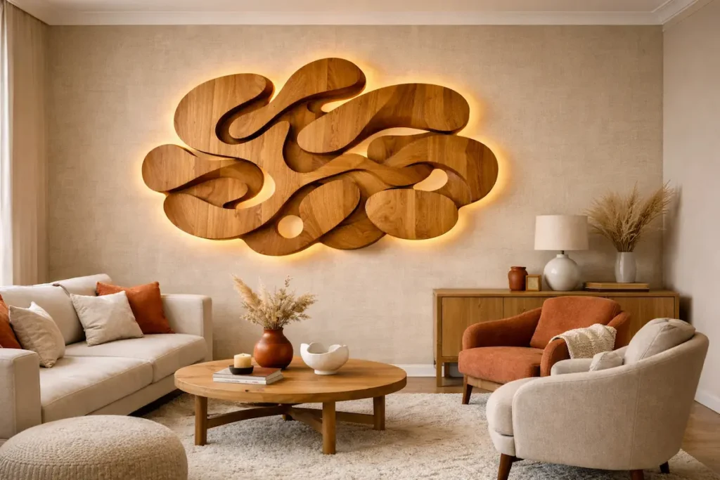 Salon moderne avec une grande sculpture murale abstraite en bois massif, mise en valeur par un éclairage indirect chaud