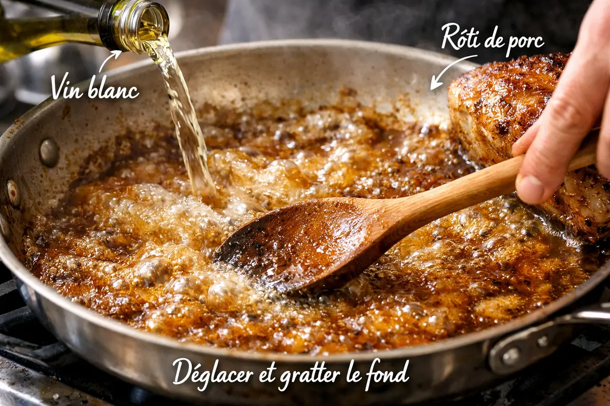 Déglaçage des sucs de cuisson avec du vin blanc pour une sauce brillante