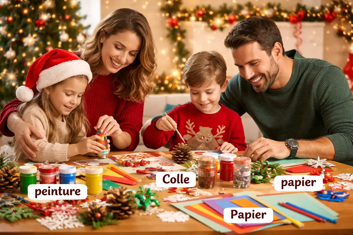 Enfants et parents en train de fabriquer ensemble des décorations de Noël dans une ambiance festive et joyeuse, créant des souvenirs inoubliables.