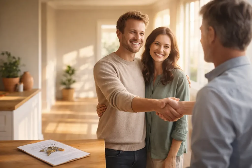 Un propriétaire et un futur locataire souriants se serrant la main, illustrant une location maison particulier réussie et en toute confiance.