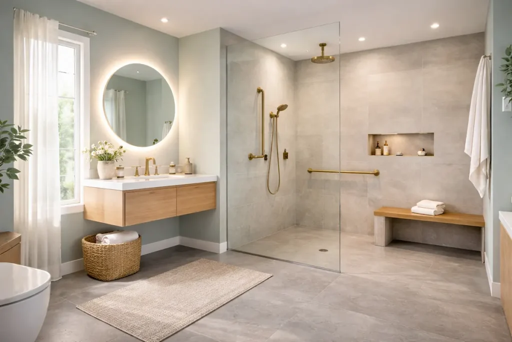 Superbe salle de bain moderne fraîchement rénovée avec douche à l'italienne, meuble en bois chaud et atmosphère apaisante. Rénovation salle de bain