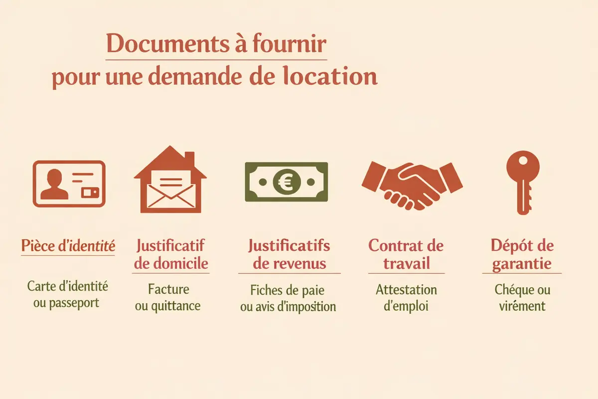 Infographie listant les documents requis pour constituer un dossier de location complet et augmenter ses chances d'être accepté.