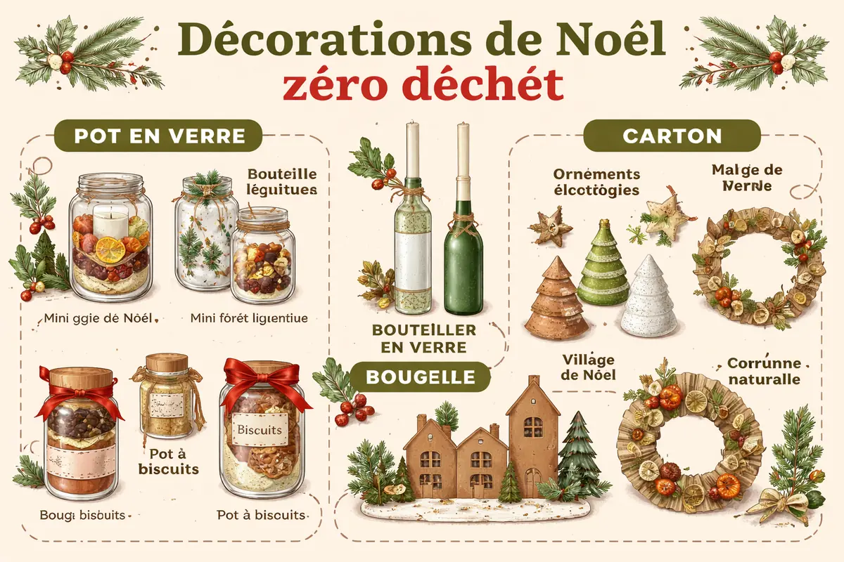 Infographie montrant comment transformer des bocaux, des bouteilles et des cartons en décorations de Noël originales, dans une démarche zéro déchet.