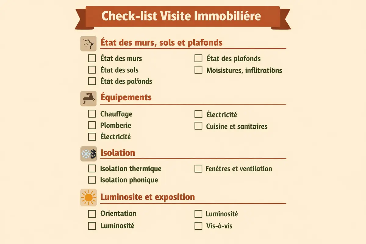 Liste de contrôle à imprimer pour les visites de location immobilière, avec les points essentiels à vérifier (état, équipements, isolation, luminosité).