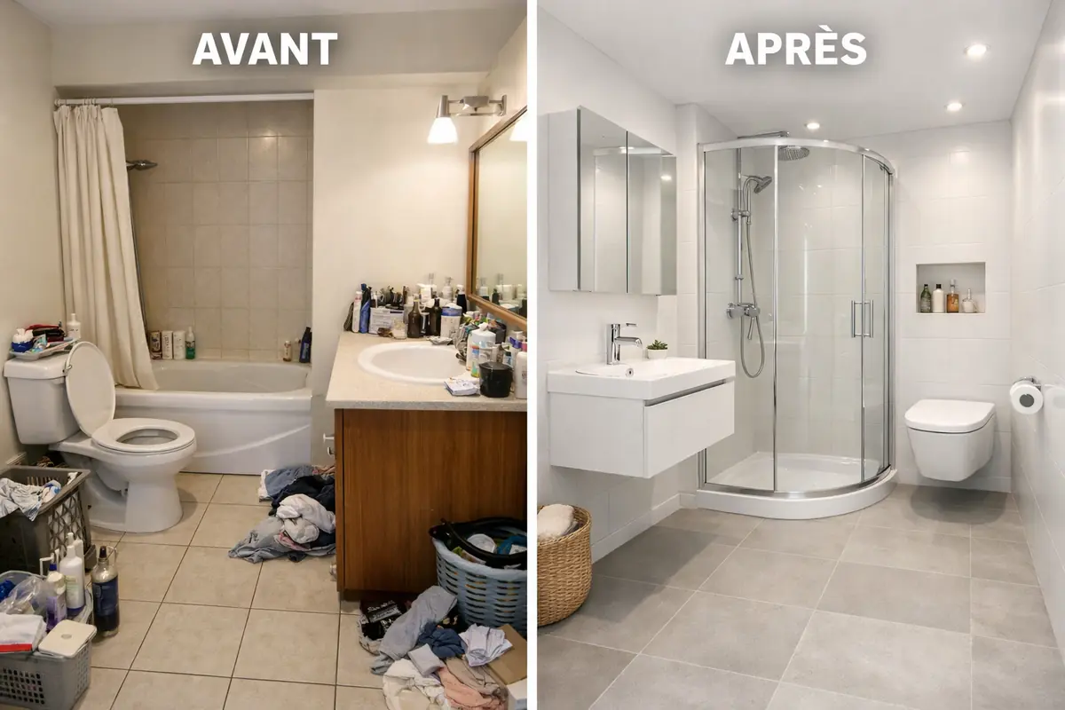 Montage comparatif illustrant le gain de place obtenu en remplaçant des équipements standards par des modèles compacts dans une petite salle de bain.