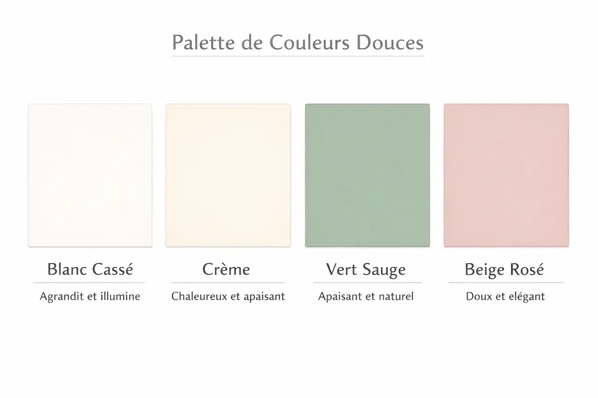 Nuancier de couleurs recommandées pour une petite salle de bain, incluant des exemples d'associations harmonieuses : blanc, crème, vert sauge, beige rosé.