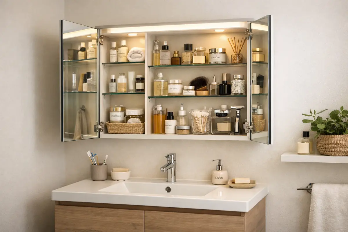 Photo d'un miroir avec rangement intégré dans une petite salle de bain, montrant comment il combine aspect pratique et esthétique pour un gain de place optimal.