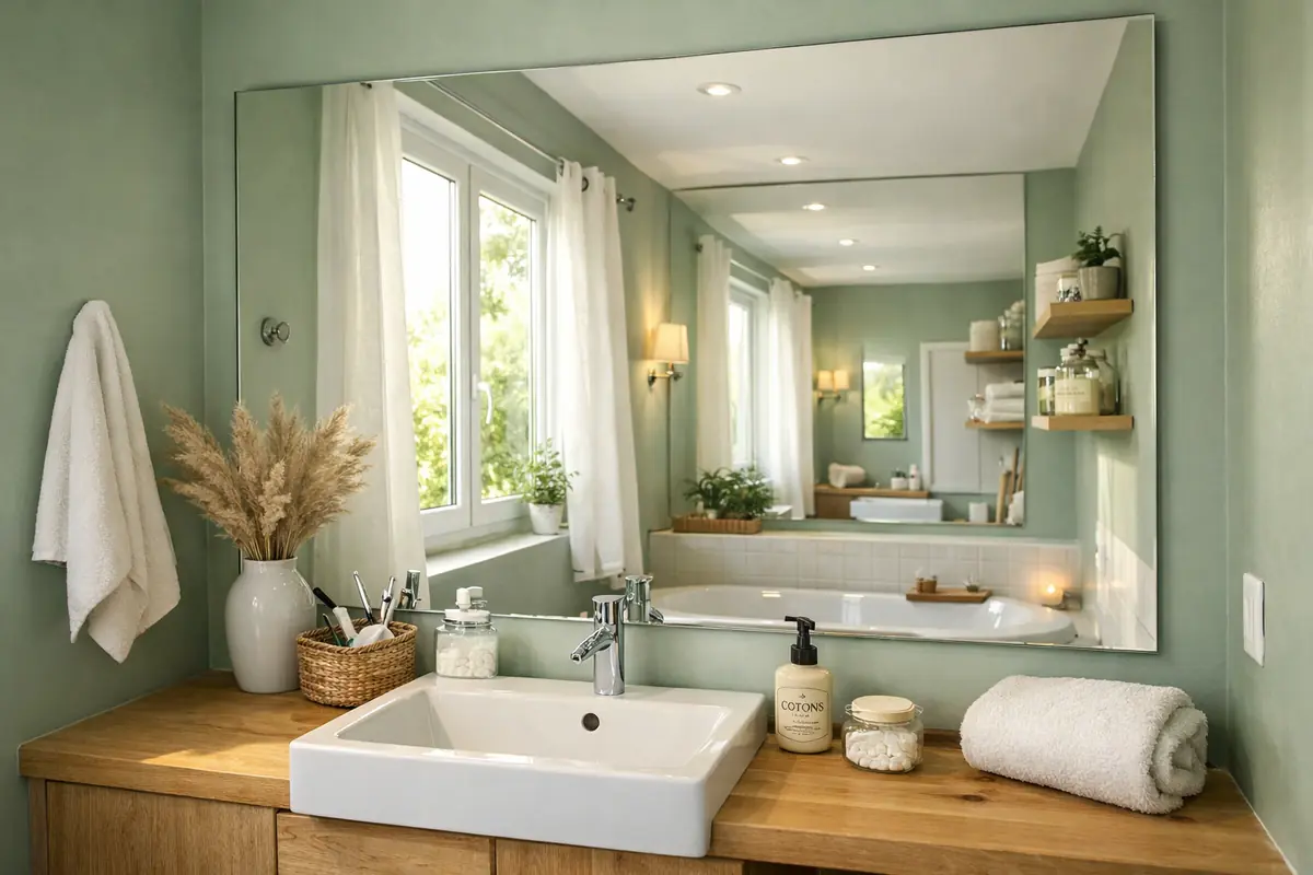 Photo d'une petite salle de bain avec un grand miroir, illustrant comment il multiplie visuellement la lumière et la profondeur, créant une sensation d'espace accru.