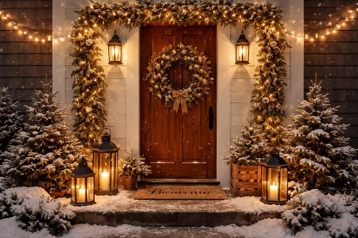 Porte d'entrée décorée de manière festive avec une couronne naturelle, des lanternes faites main et une guirlande lumineuse DIY, créant une ambiance accueillante.