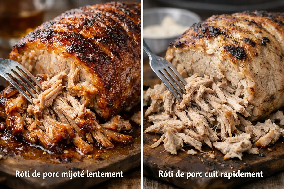 Rôti de porc : à gauche cuisson lente (aspect fondant), à droite cuisson rapide (aspect sec)